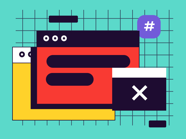 Browser windows showing ATS optimization interface with red content bars and purple hashtag icon
