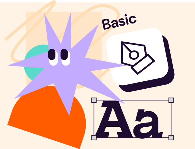 Purple spiky character with abstract shapes and text editing tools